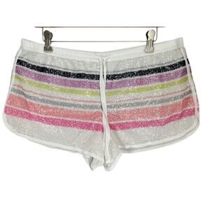 Victorias Secret Y2K Pajama Shorts Womens L White Rainbow Stripe Sequin Lounge